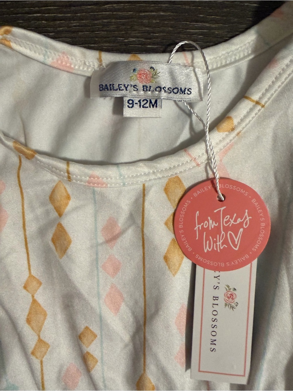 Bailey's Blossoms Baby Pom Trim Romper - White with Pastel Geometric Print - Picture 3 of 3